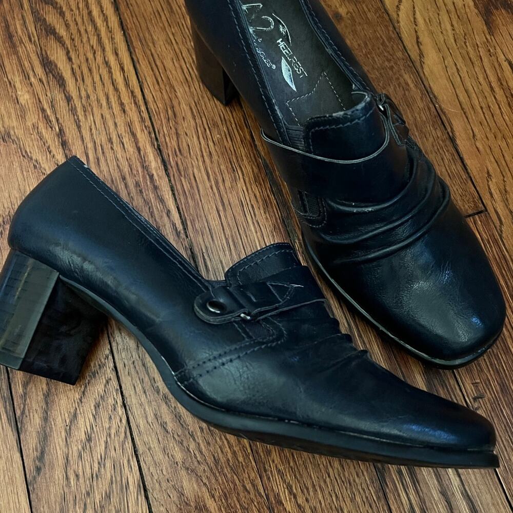 Navy Blue Pumps Size 8M Peacoat Loafers 2in Block Heel Ruching Comfort Corpcore